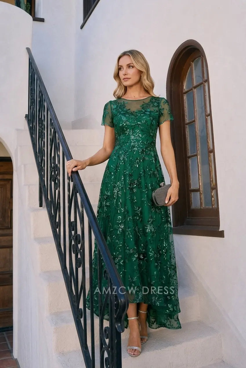 Elegant A-Line Illusion Neck Short Sleeve Sequin Floral Emerald Green Maxi Prom Gown