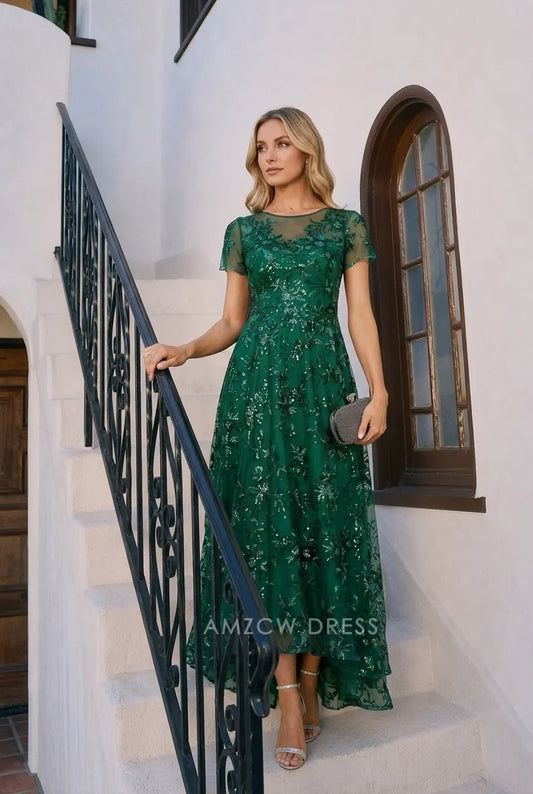 Elegant A-Line Illusion Neck Short Sleeve Sequin Floral Emerald Green Maxi Prom Gown