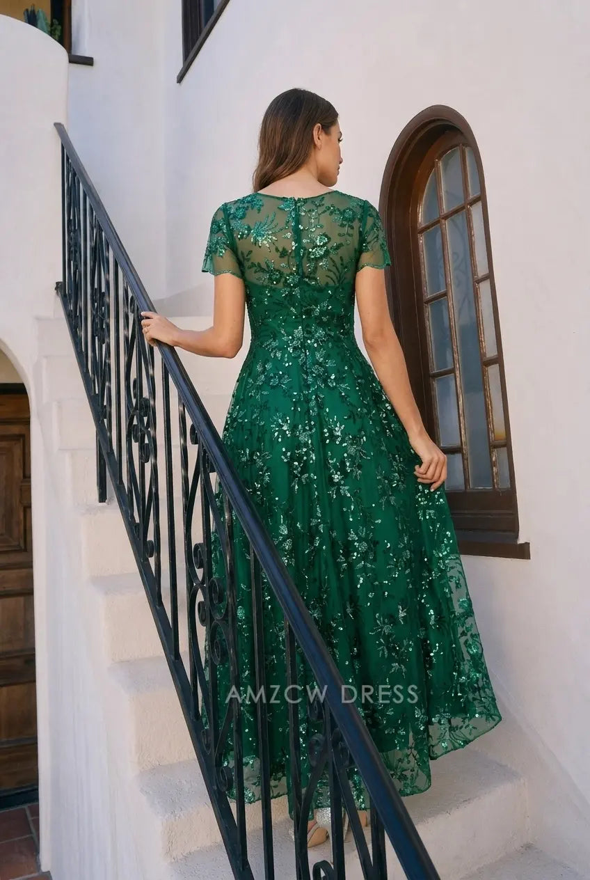 Elegant A-Line Illusion Neck Short Sleeve Sequin Floral Emerald Green Maxi Prom Gown