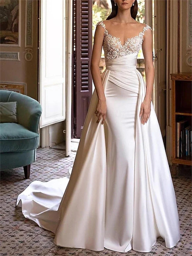 Elegant A-Line Illusion Sweetheart Cap Sleeve Romantic Ivory Floor-Length Prom Gown
