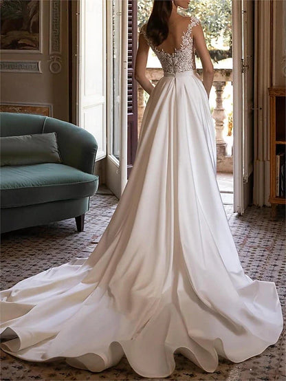 Elegant A-Line Illusion Sweetheart Cap Sleeve Romantic Ivory Floor-Length Prom Gown