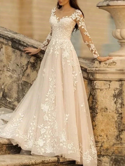 Elegant A-Line Illusion Sweetheart Long Sleeve Romantic Floral Ivory Floor-Length Prom Dress