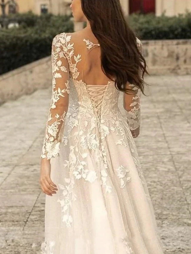 Elegant A-Line Illusion Sweetheart Long Sleeve Romantic Floral Ivory Floor-Length Prom Dress