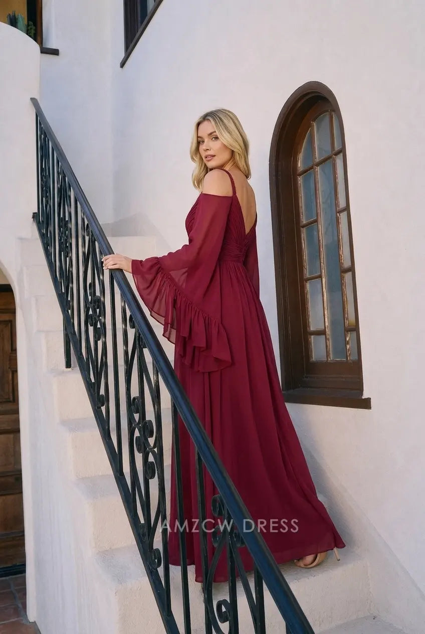 Elegant A-Line Off-Shoulder Bell Sleeve Burgundy High Slit Prom Gown