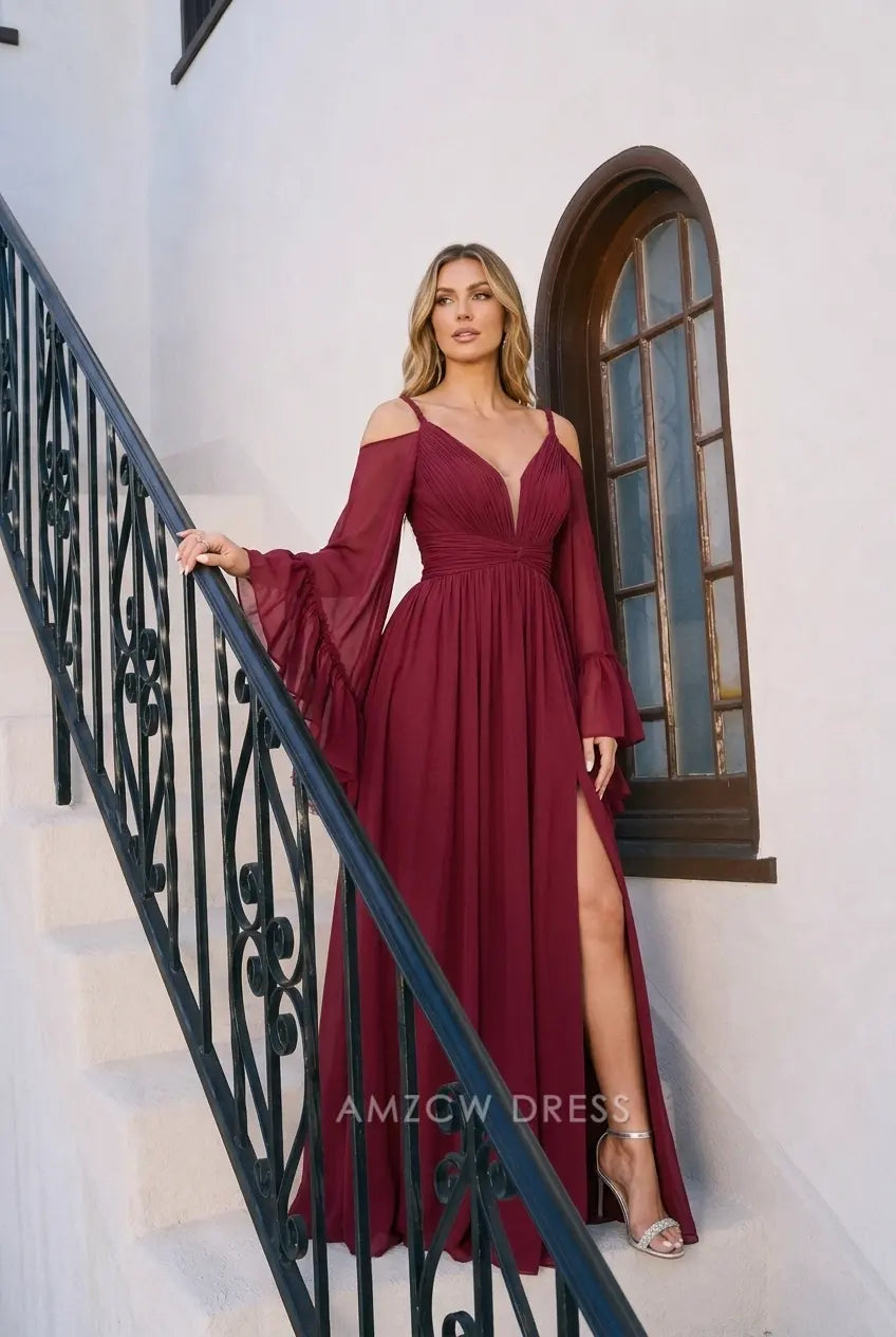 Elegant A-Line Off-Shoulder Bell Sleeve Burgundy High Slit Prom Gown