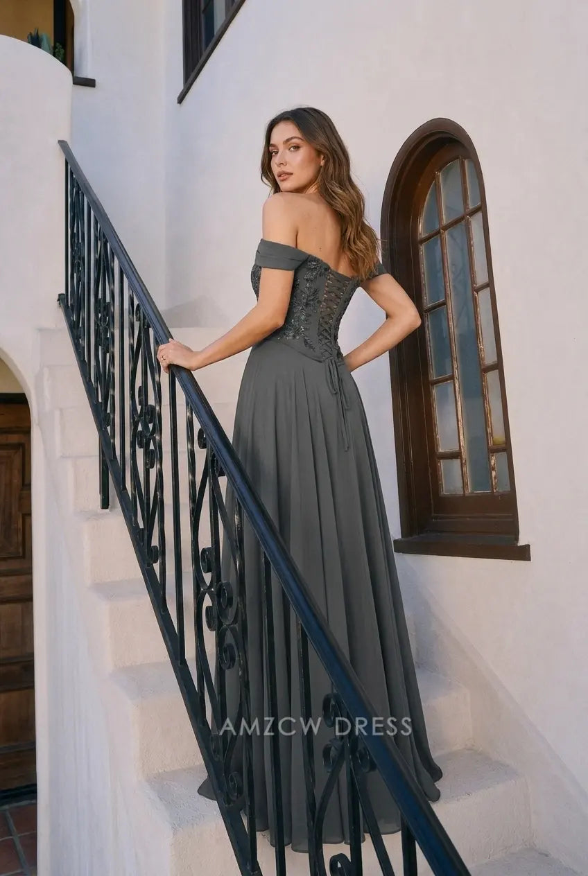 Elegant A-Line Off-Shoulder Corset High Slit Dark Grey Floor-Length Prom Gown