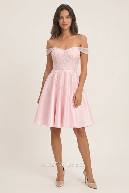 Elegant A-Line Off-Shoulder Embroidered Lace-Up Pink Short Homecoming Dress
