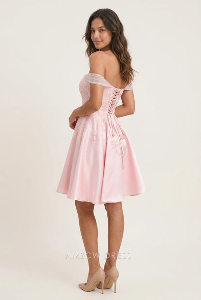 Elegant A-Line Off-Shoulder Embroidered Lace-Up Pink Short Homecoming Dress