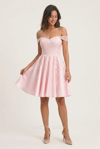 Elegant A-Line Off-Shoulder Embroidered Lace-Up Pink Short Homecoming Dress