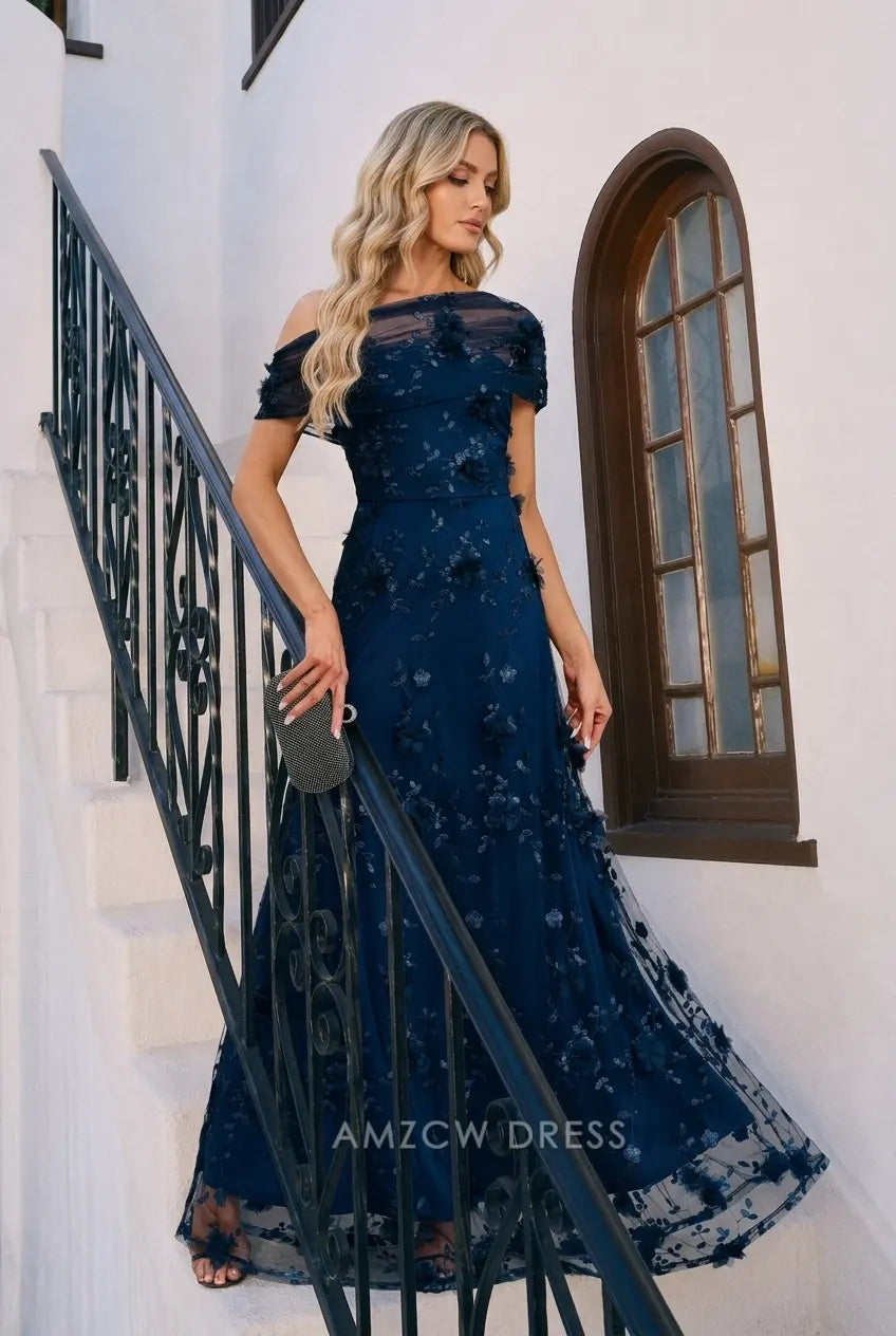 Elegant A-Line Off-Shoulder Floral Applique Navy Blue Floor-Length Prom Dress for Women