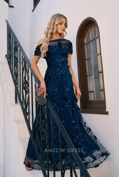 Elegant A-Line Off-Shoulder Floral Applique Navy Blue Floor-Length Prom Dress for Women