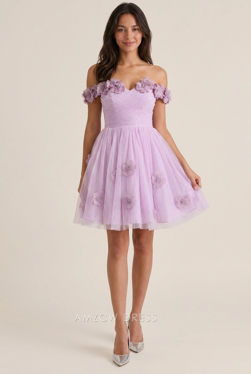 Elegant A-Line Off-Shoulder Floral Appliqué Ruched Lavender Short Homecoming Dresses