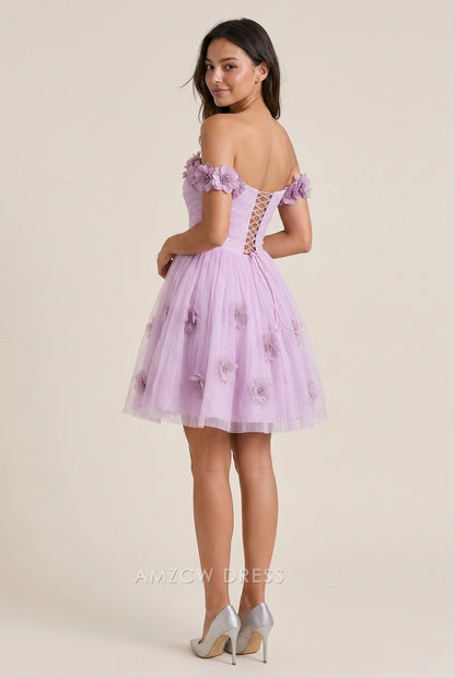 Elegant A-Line Off-Shoulder Floral Appliqué Ruched Lavender Short Homecoming Dresses