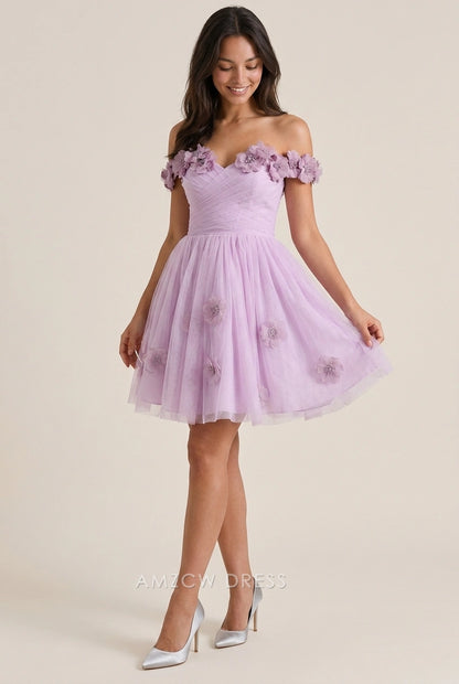 Elegant A-Line Off-Shoulder Floral Appliqué Ruched Lavender Short Homecoming Dresses