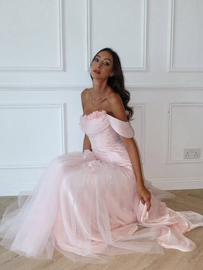 Elegant A-Line Off-Shoulder Floral Ruched Light Pink Floor-Length Prom Dress for Women