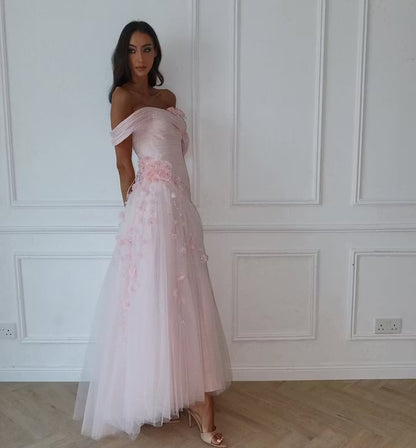 Elegant A-Line Off-Shoulder Floral Ruched Light Pink Floor-Length Prom Dress for Women