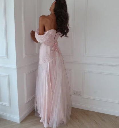 Elegant A-Line Off-Shoulder Floral Ruched Light Pink Floor-Length Prom Dress for Women