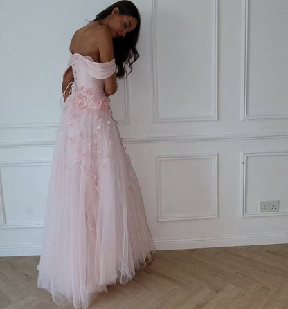 Elegant A-Line Off-Shoulder Floral Ruched Light Pink Floor-Length Prom Dress for Women