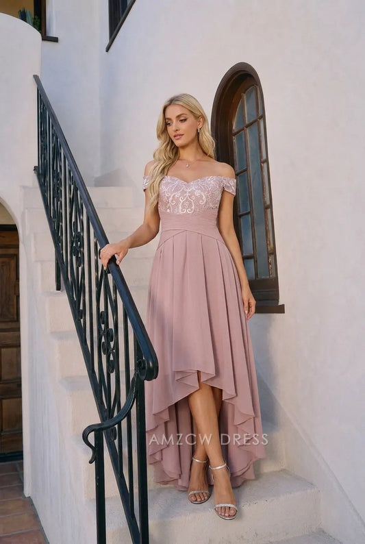 Elegant A-Line Off-Shoulder Lace Bodice Dusty Pink High-Low Prom Dress Women's