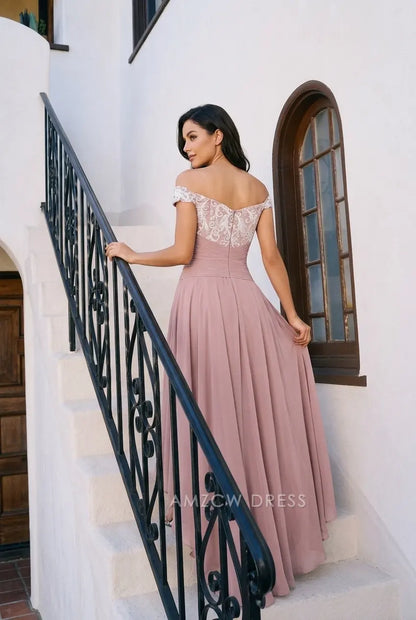 Elegant A-Line Off-Shoulder Lace Bodice Dusty Pink High-Low Prom Dress Women's