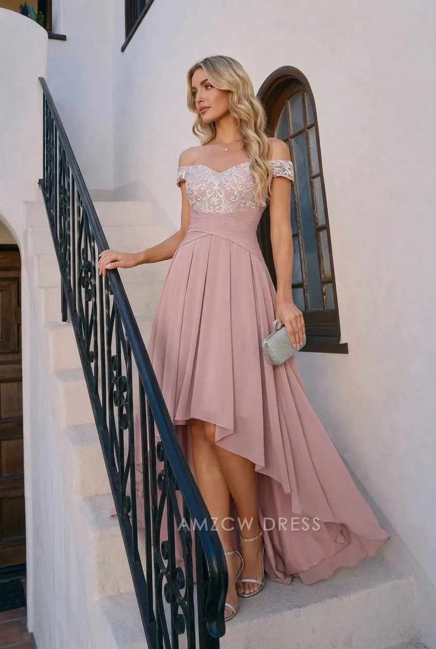 Elegant A-Line Off-Shoulder Lace Bodice Dusty Pink High-Low Prom Dress Women's