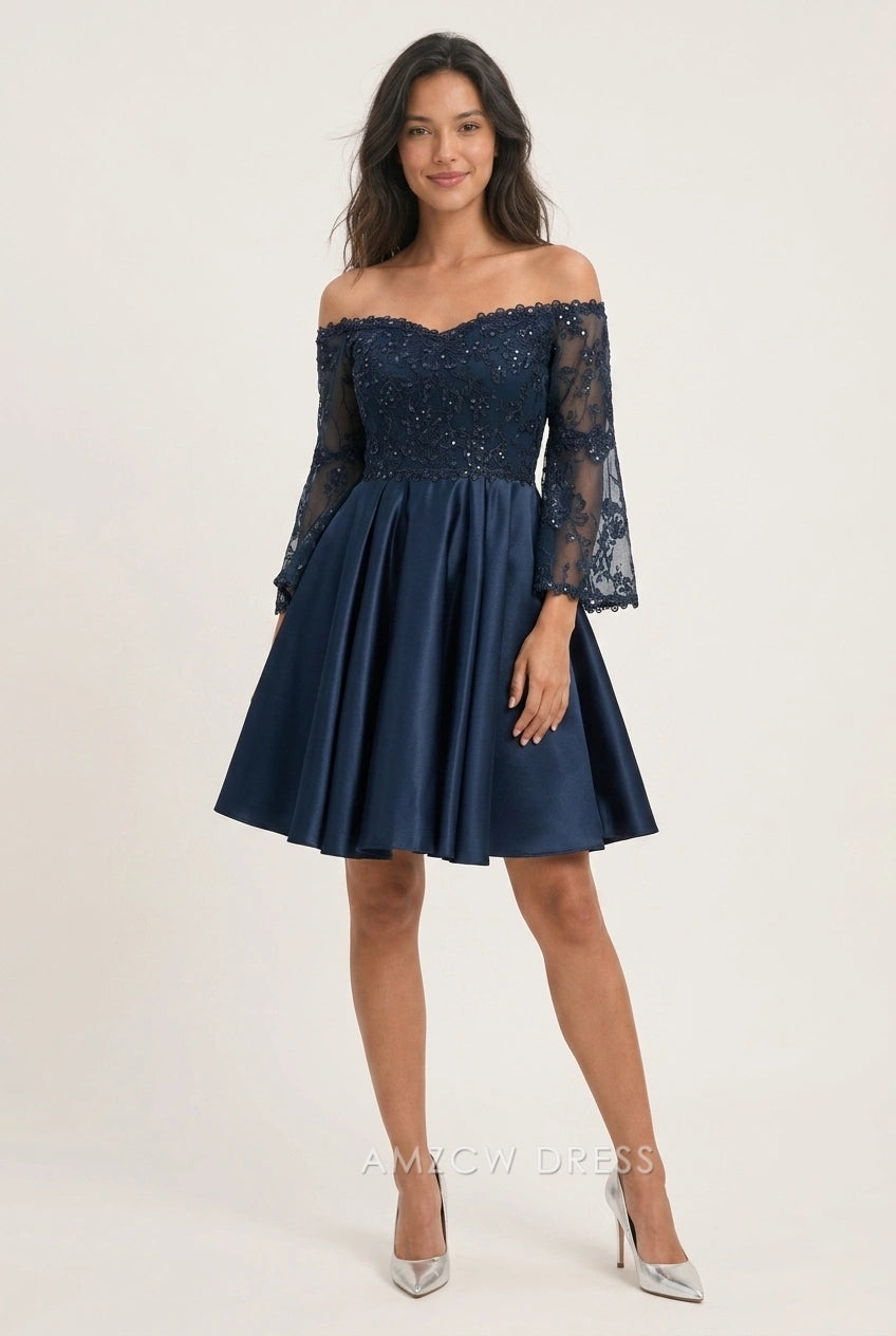 Elegant A-Line Off-Shoulder Long Sleeve Embroidered Pleated Navy Blue Short Homecoming Dresses