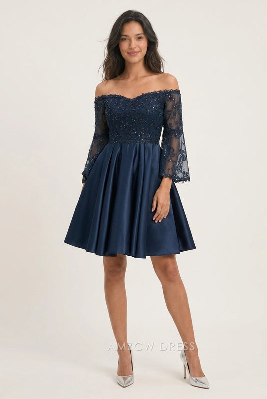 Elegant A-Line Off-Shoulder Long Sleeve Embroidered Pleated Navy Blue Short Homecoming Dresses