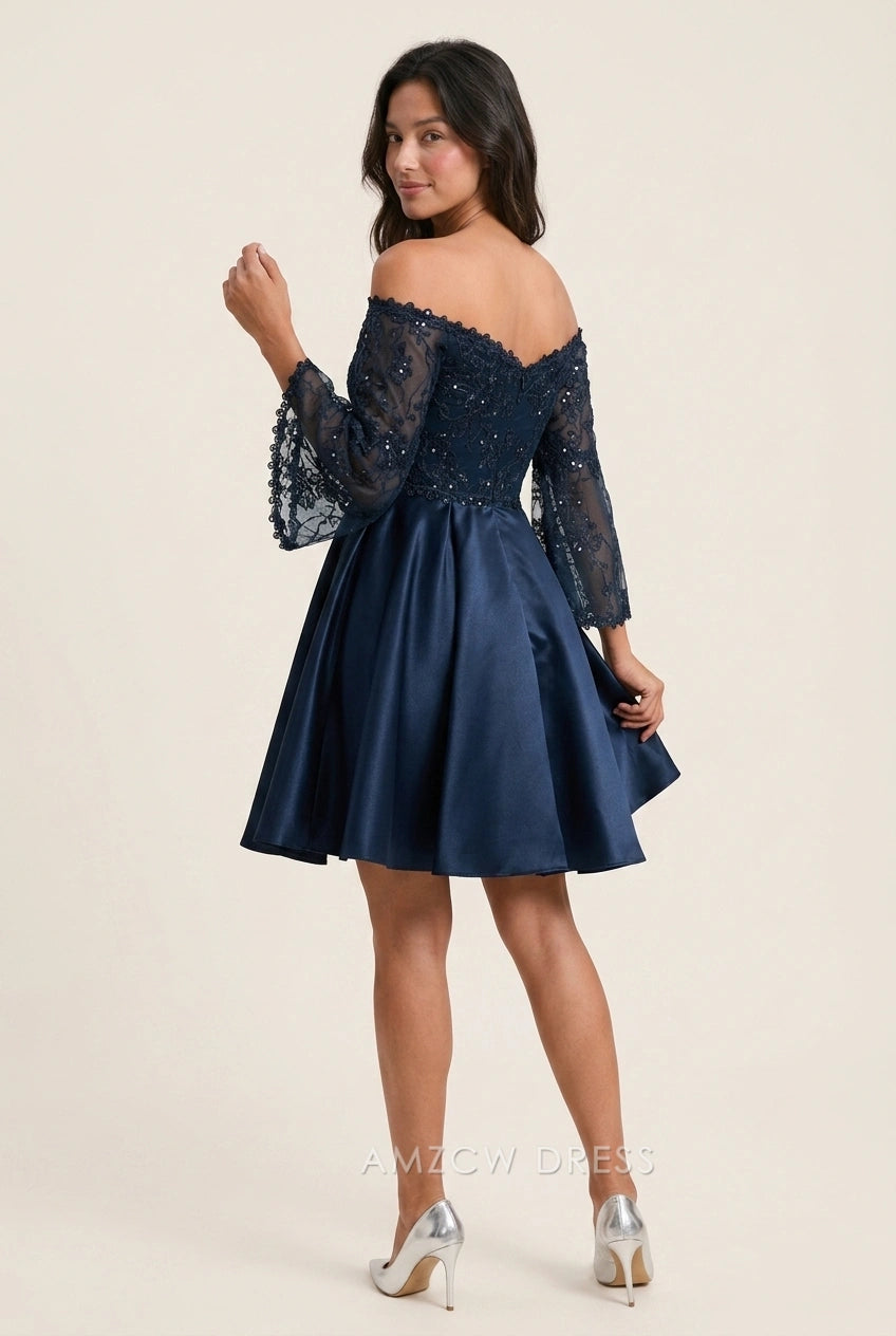 Elegant A-Line Off-Shoulder Long Sleeve Embroidered Pleated Navy Blue Short Homecoming Dresses