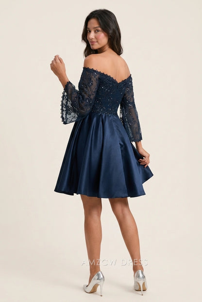 Elegant A-Line Off-Shoulder Long Sleeve Embroidered Pleated Navy Blue Short Homecoming Dresses