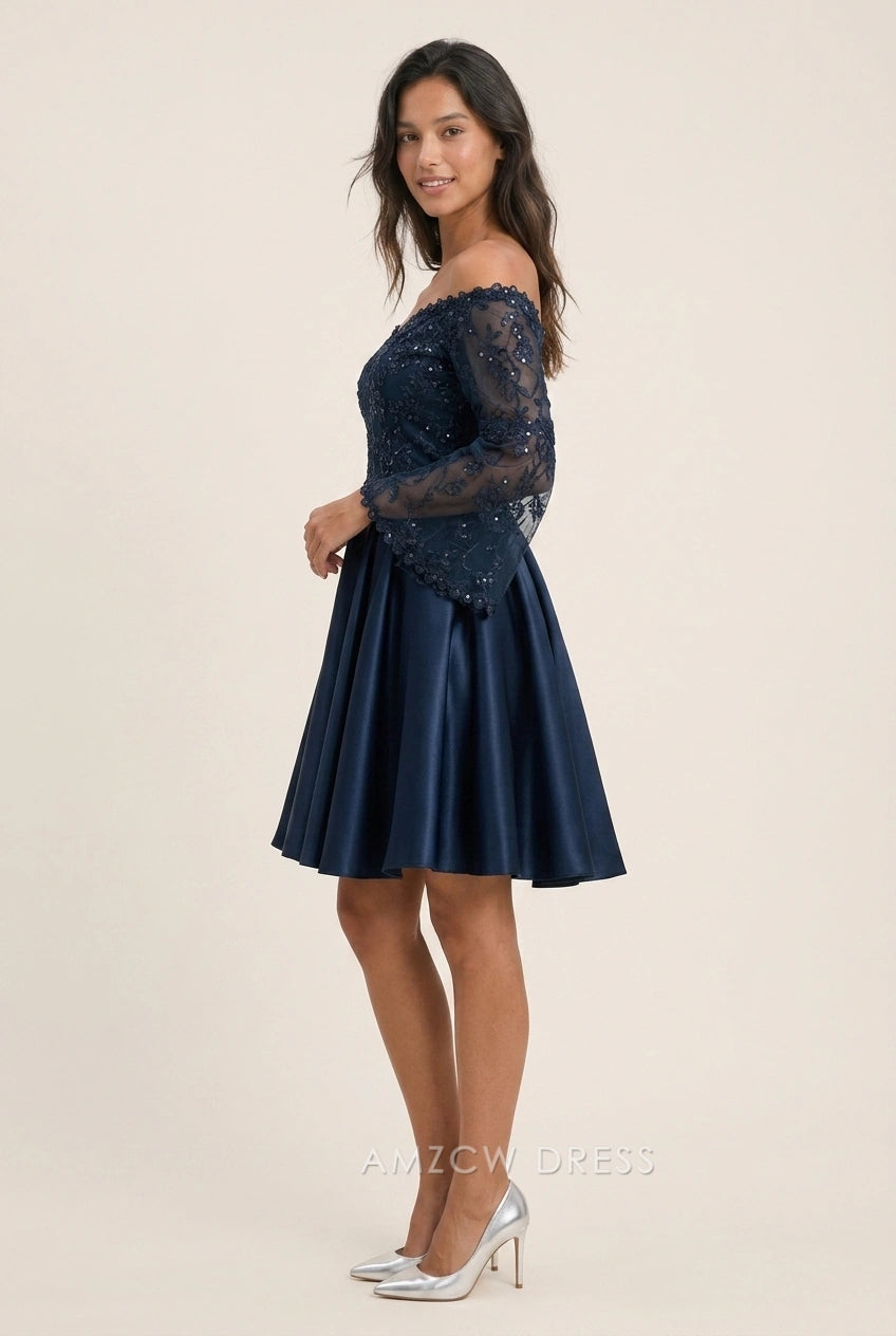 Elegant A-Line Off-Shoulder Long Sleeve Embroidered Pleated Navy Blue Short Homecoming Dresses