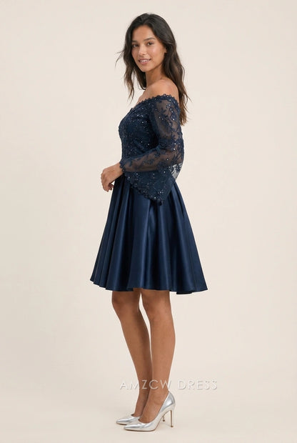 Elegant A-Line Off-Shoulder Long Sleeve Embroidered Pleated Navy Blue Short Homecoming Dresses