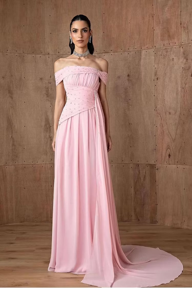 Elegant A-Line Off-Shoulder Ruched Beaded Blush Pink Floor-Length Prom Dresses Gown