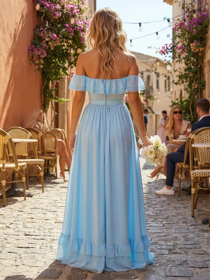 Elegant A-Line Off-Shoulder Ruffle Light Blue Floor-Length Prom Dress Gown