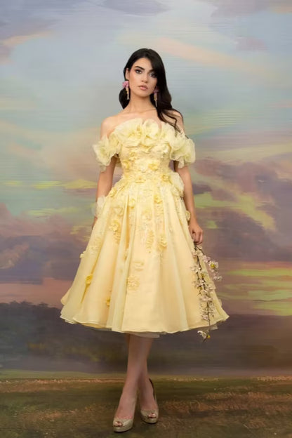 Elegant A-Line Off-Shoulder Ruffled Floral Pastel Yellow Midi Prom Dress
