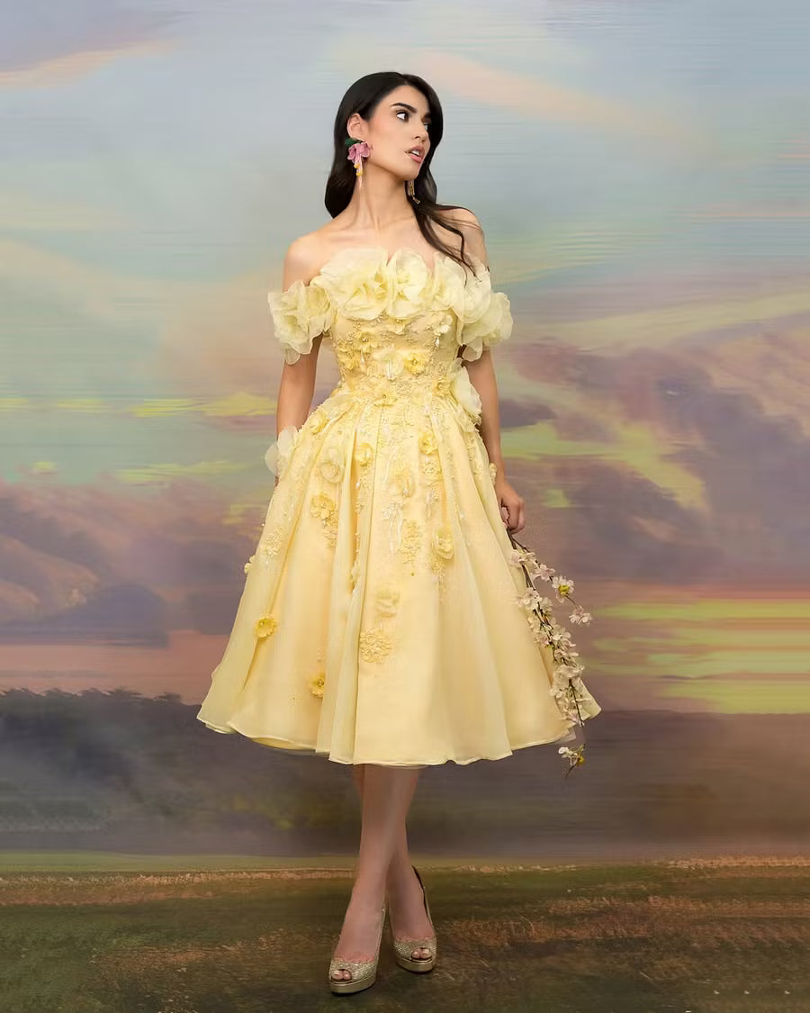 Elegant A-Line Off-Shoulder Ruffled Floral Pastel Yellow Midi Prom Dress