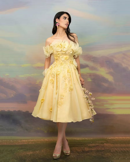 Elegant A-Line Off-Shoulder Ruffled Floral Pastel Yellow Midi Prom Dress