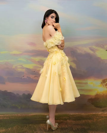 Elegant A-Line Off-Shoulder Ruffled Floral Pastel Yellow Midi Prom Dress