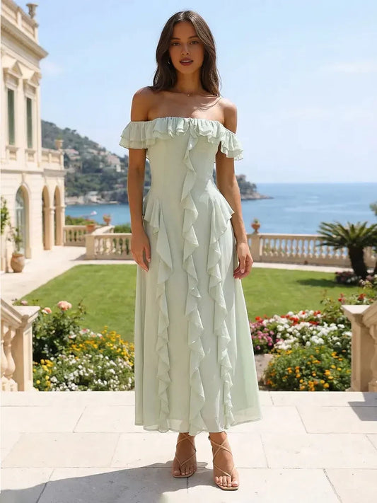 Elegant A-Line Off-Shoulder Ruffled Sage Green Midi Prom Dress Women's