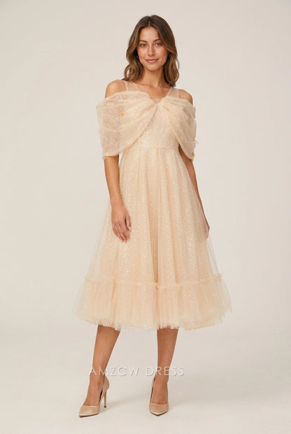 Elegant A-Line Off-Shoulder Shimmering Glamorous Light Peach Midi Prom Dress