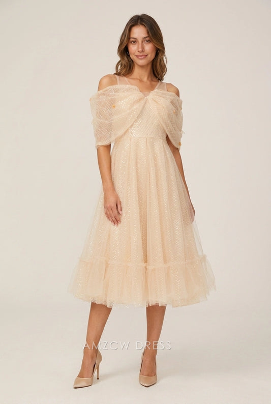 Elegant A-Line Off-Shoulder Shimmering Glamorous Light Peach Midi Prom Dress