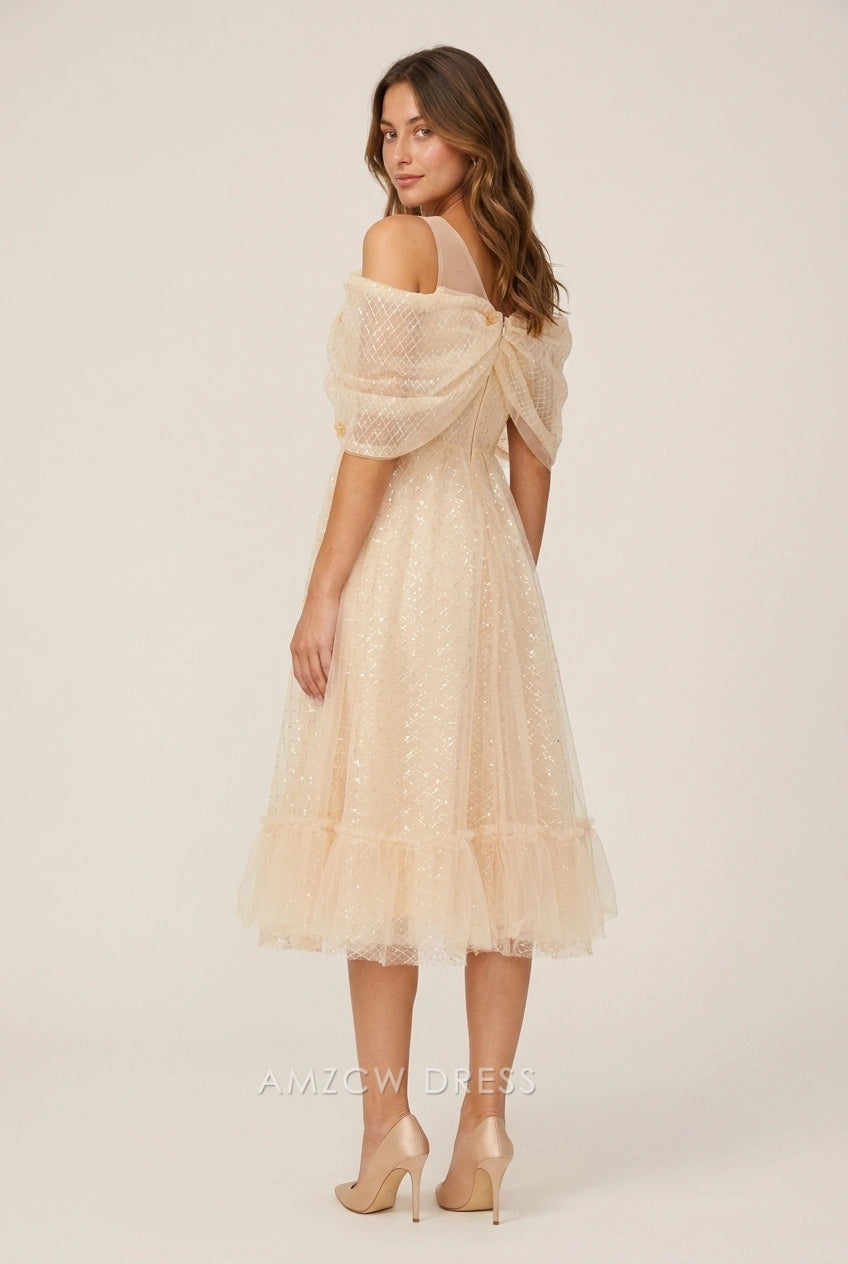 Elegant A-Line Off-Shoulder Shimmering Glamorous Light Peach Midi Prom Dress