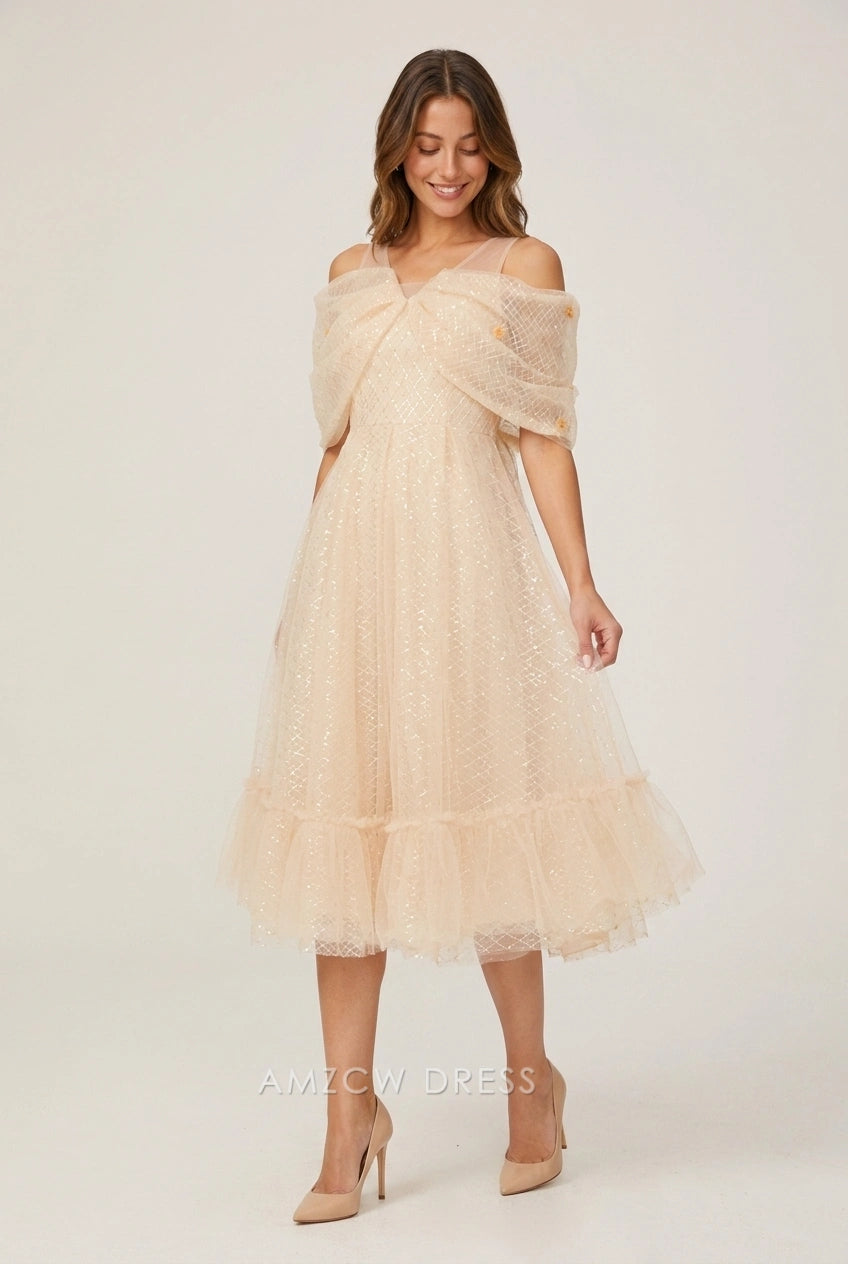 Elegant A-Line Off-Shoulder Shimmering Glamorous Light Peach Midi Prom Dress