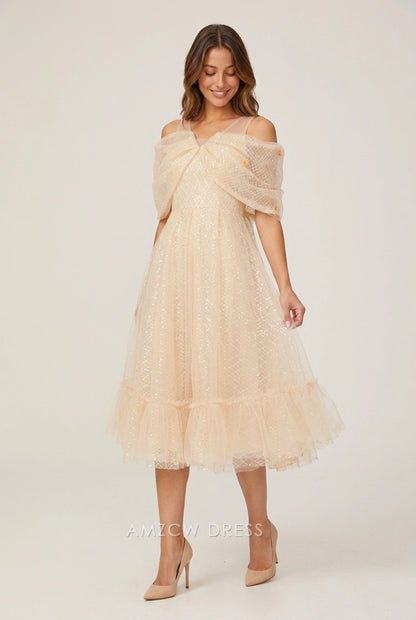 Elegant A-Line Off-Shoulder Shimmering Glamorous Light Peach Midi Prom Dress
