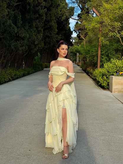 Elegant A-Line Off-Shoulder Tiered Slit Pale Yellow Floor Homecoming Gown