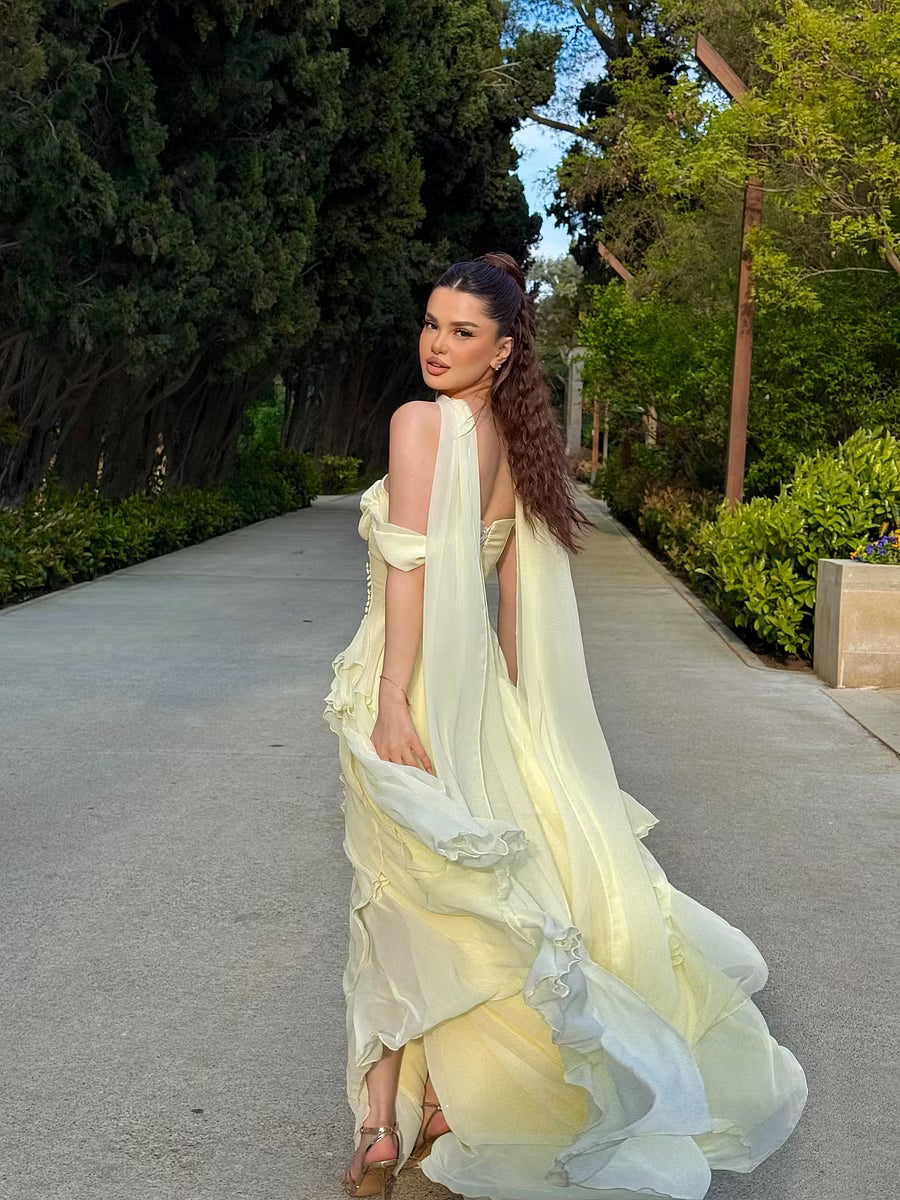 Elegant A-Line Off-Shoulder Tiered Slit Pale Yellow Floor Homecoming Gown