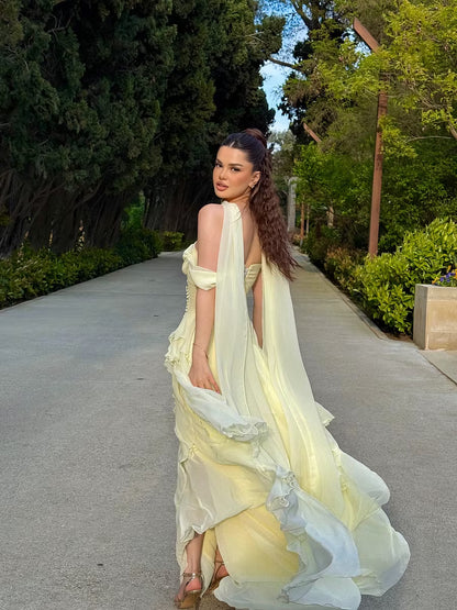 Elegant A-Line Off-Shoulder Tiered Slit Pale Yellow Floor Homecoming Gown