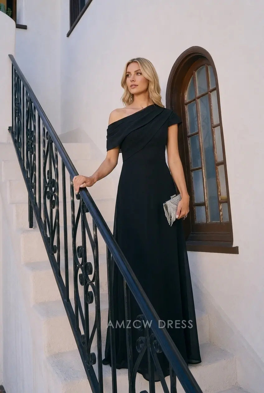 Elegant A-Line One-Shoulder Cap Sleeve Chic Black Floor-Length Prom Dress Women's Gown