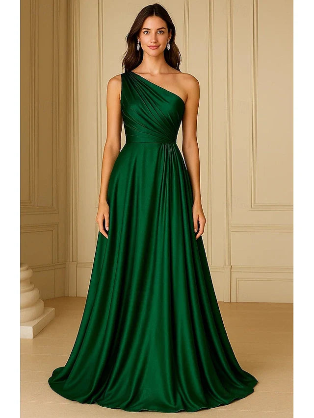 Elegant A-Line One-Shoulder Sleeveless Draped Flowy Emerald Green Floor-Length Prom Dresses