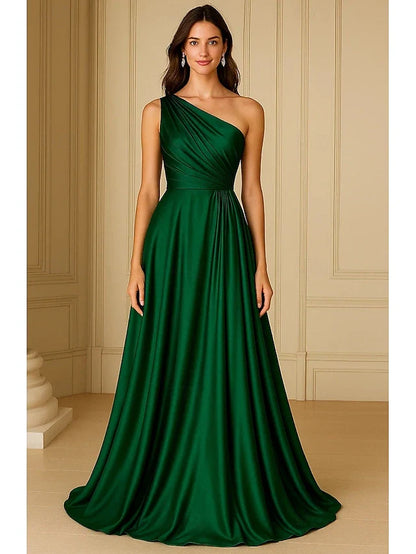 Elegant A-Line One-Shoulder Sleeveless Draped Flowy Emerald Green Floor-Length Prom Dresses