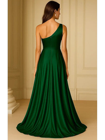 Elegant A-Line One-Shoulder Sleeveless Draped Flowy Emerald Green Floor-Length Prom Dresses